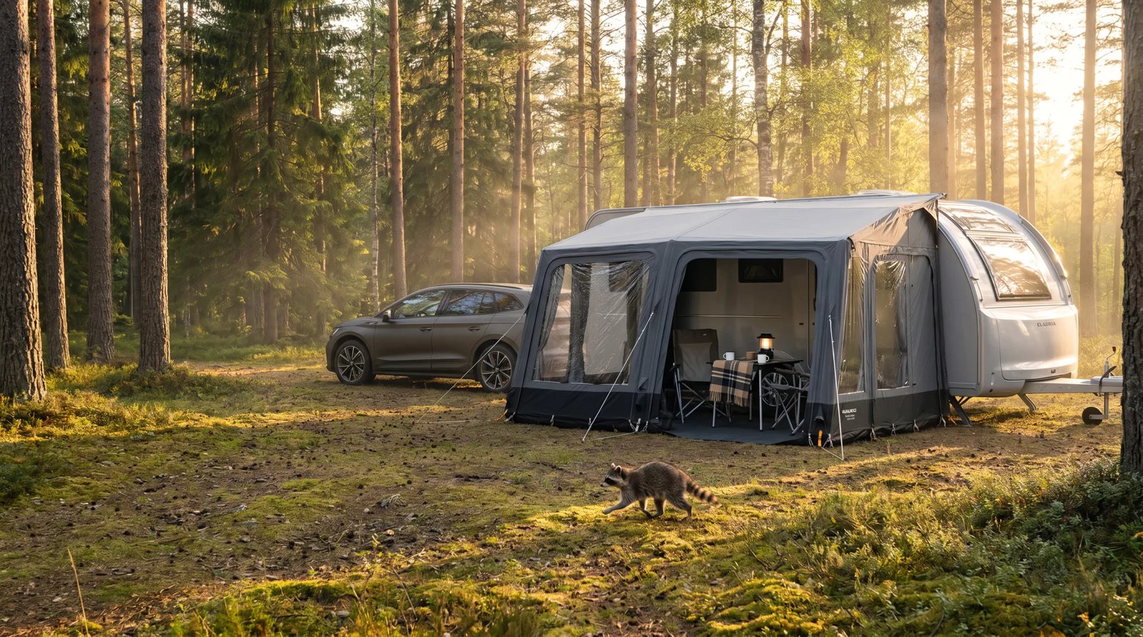 Dometic Vorzelt an einem Adria-Wohnwagen auf einer Waldlichtung im goldenen Abendlicht