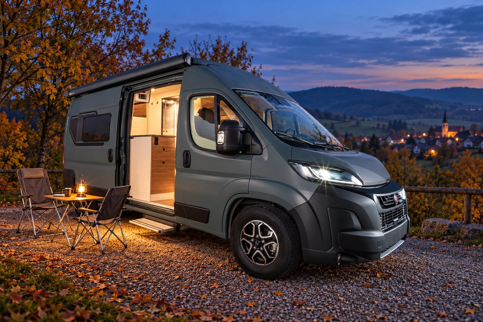 Bürstner Papillon mit offener Schiebetür am Abend auf einem Stellplatz, daneben Campingstühle und eine Laterne