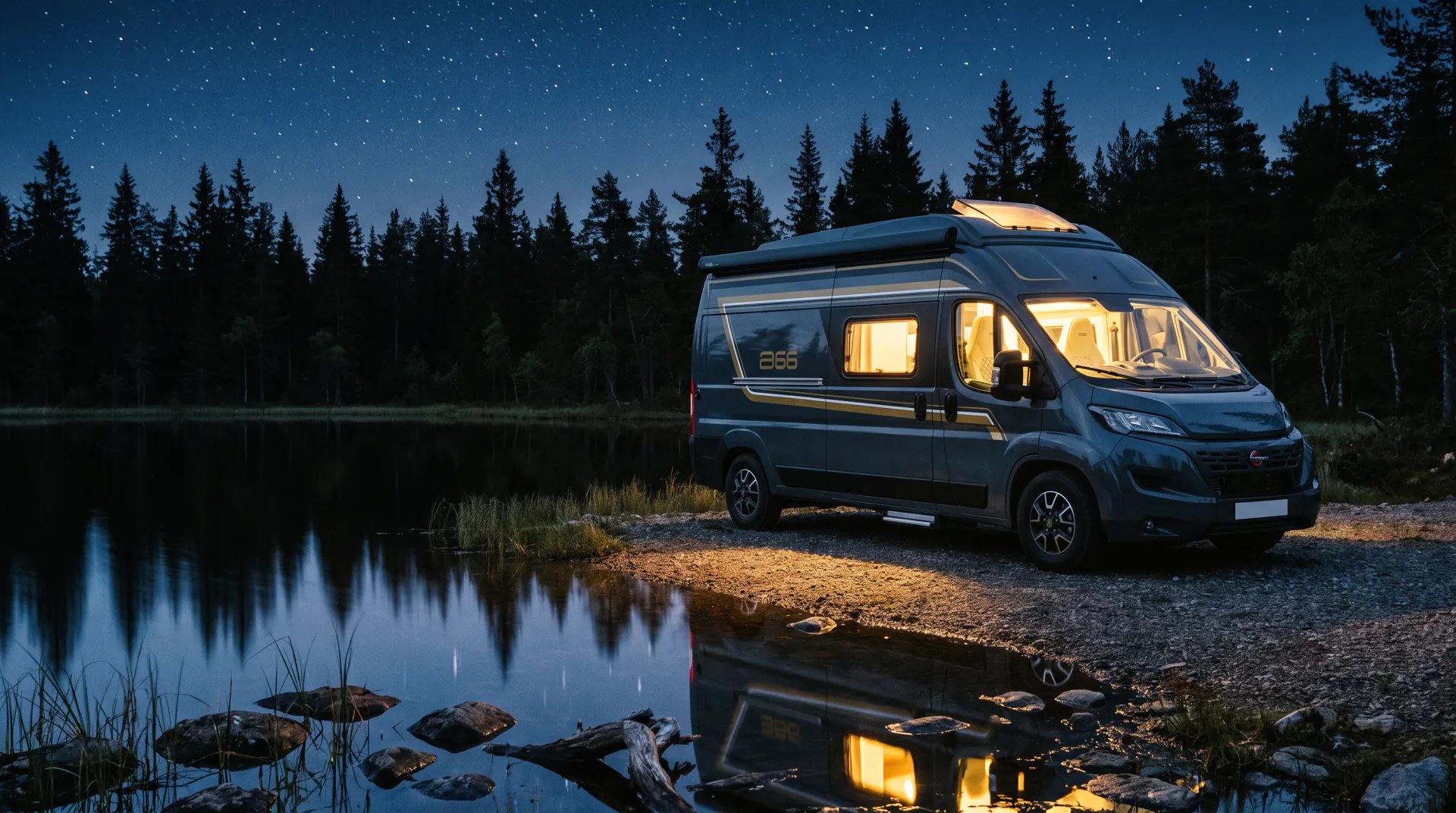 Bürstner B66 Camper Van steht nachts am Ufer eines Waldsees, warmes Licht aus den Fenstern spiegelt sich im ruhigen Wasser