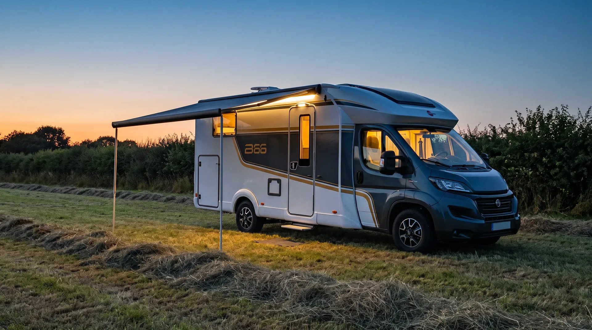 Bürstner B66 Wohnmobil in der Abenddämmerung auf einer gemähten Wiese, Markise ausgefahren, warmes Licht in den Fenstern und unter dem Tuch