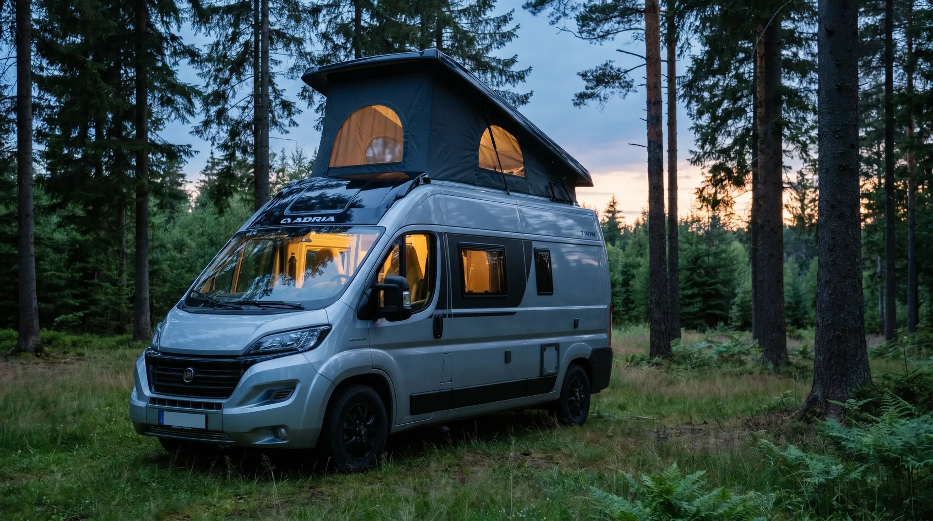 Adria Twin 2027 - geöffnetes Aufstelldach im grauen ADRIA Design auf dem Campervan