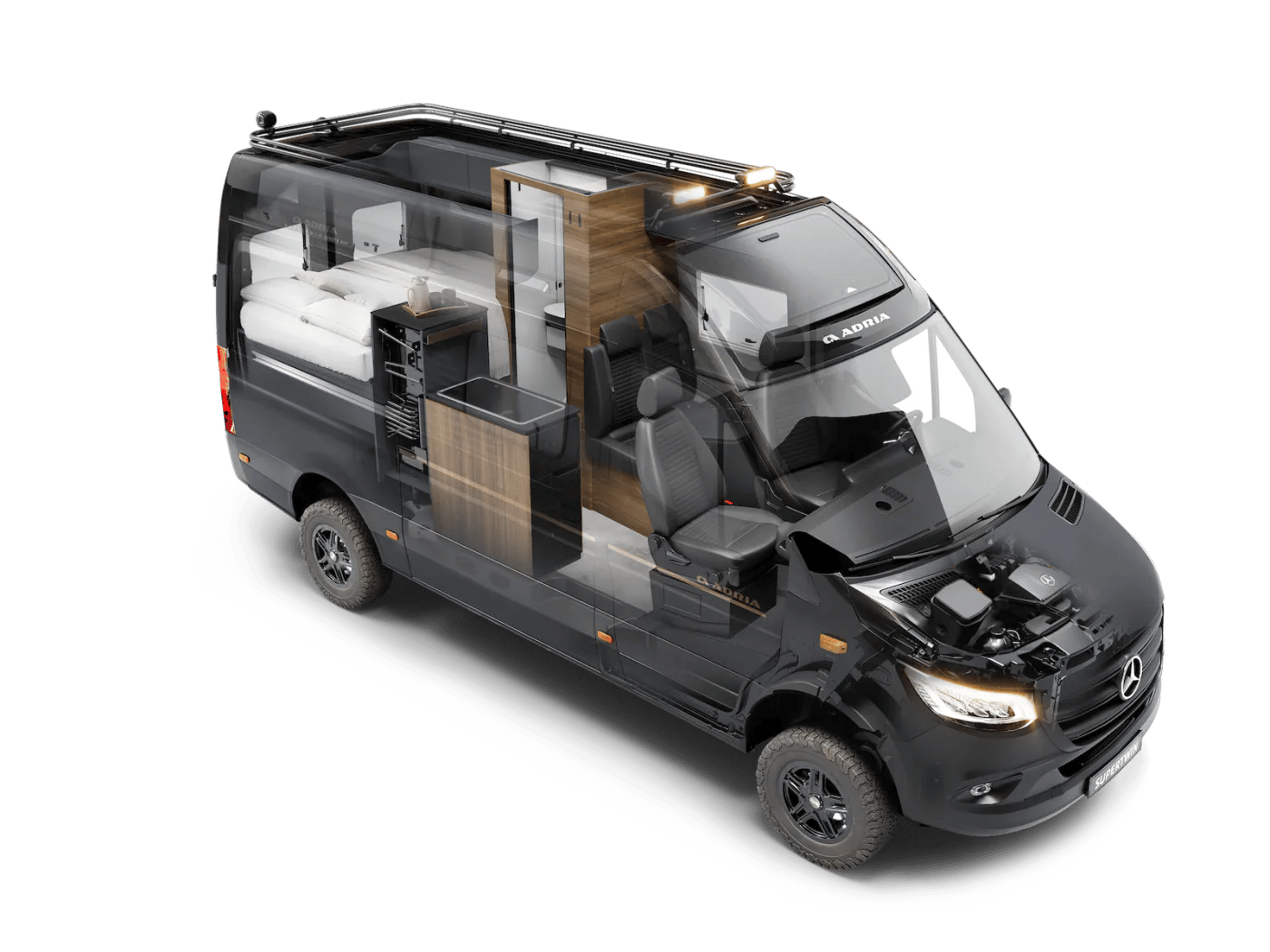 Adria Supertwin 2026 - Röntgenansicht des Campervans mit Blick auf Möbel, Bett und Technik im Innenraum