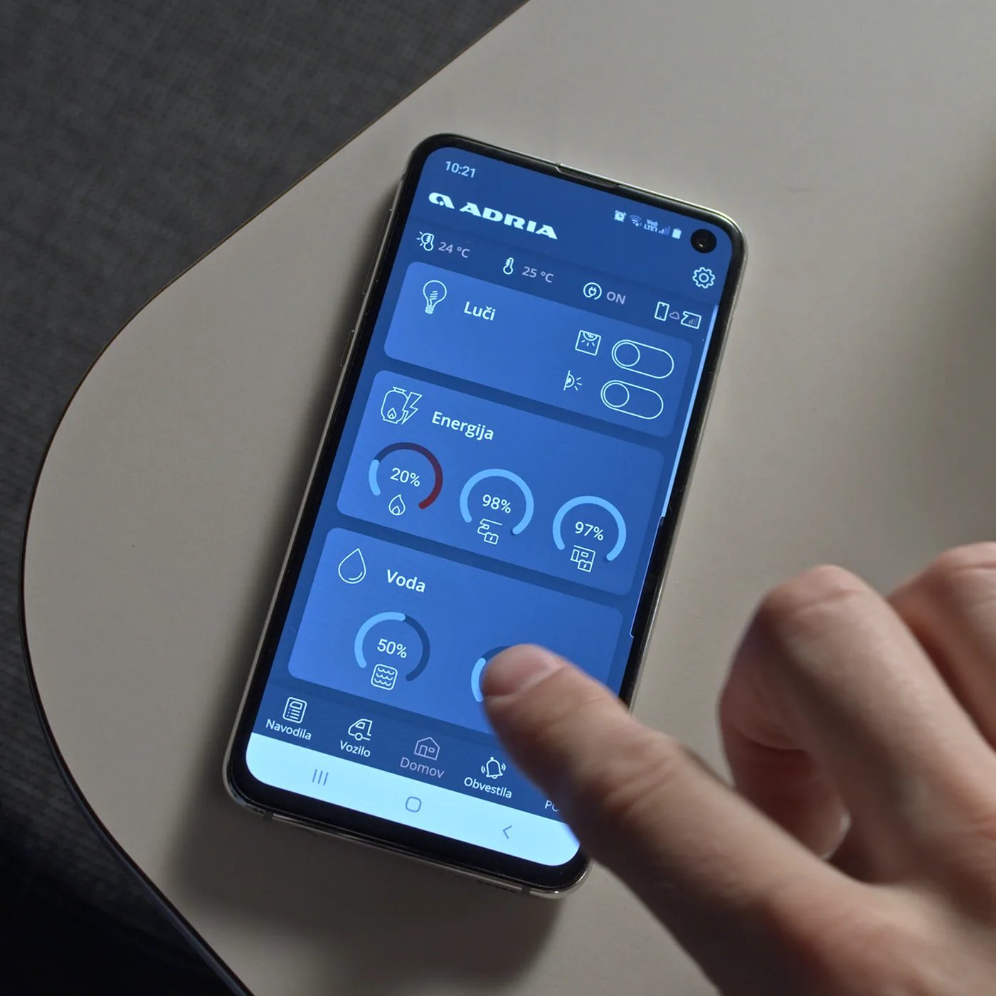 Adria Supersonic 2026 - Bedienung der Adria MACH App auf dem Smartphone mit Anzeige für Licht, Energie und Wasser