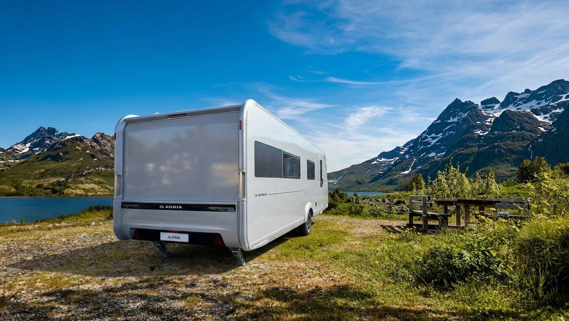 Silberne GfK-Außenhaut des Adria Alpina 2027 mit Chrome-Akzenten