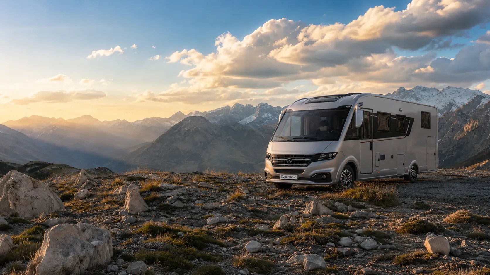 Reisemobil auf einem Bergplateau im Abendlicht, Hinweis auf den Caravan Salon 2026 in Düsseldorf