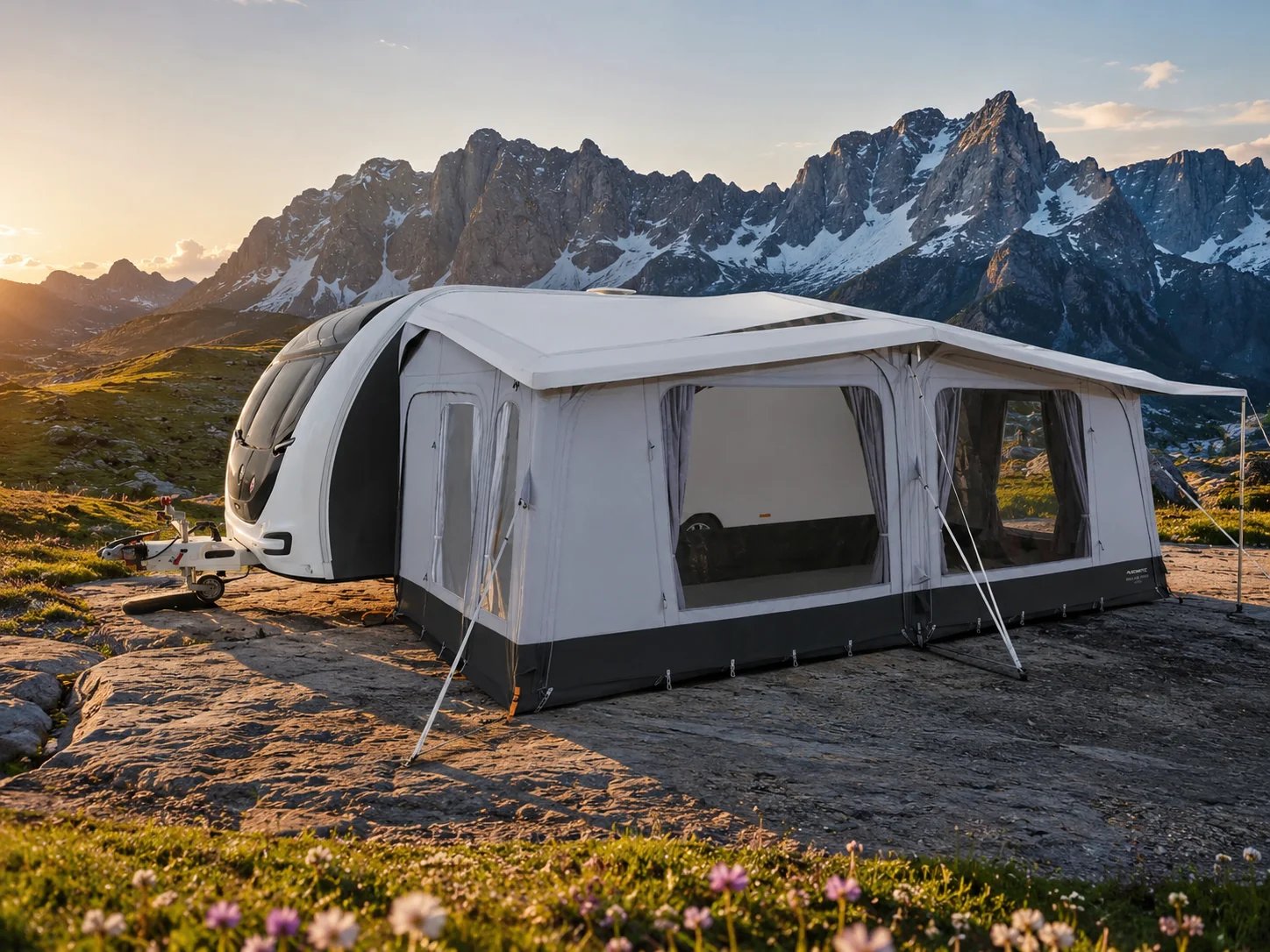 Wohnwagen-Vorzelt auf einer Bergwiese vor Alpenpanorama im Abendlicht