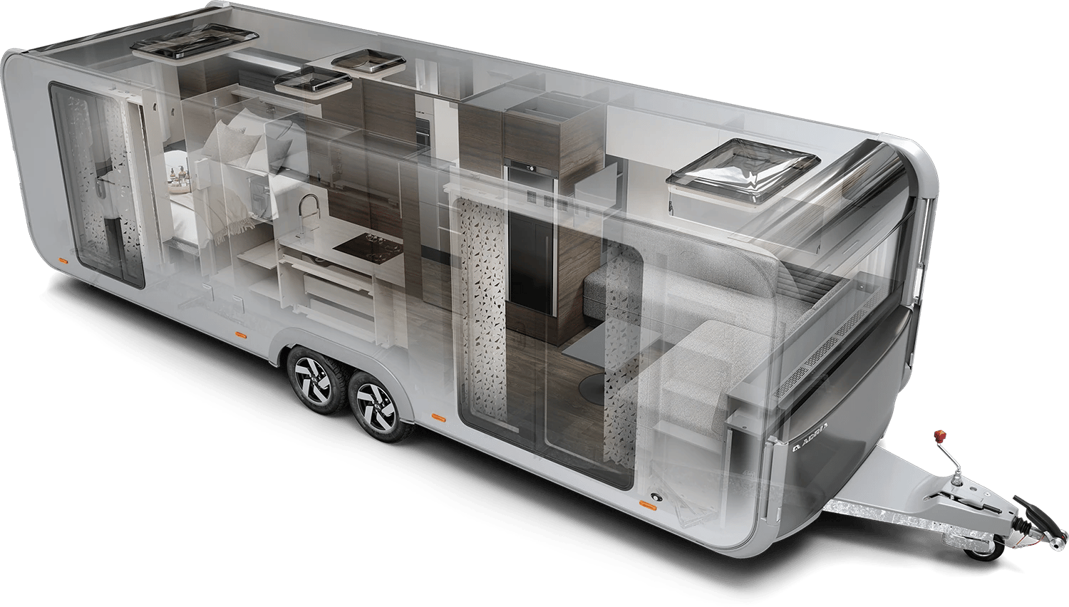 Technische Schnittdarstellung des Adria Astella mit Blick auf Aufbaukonstruktion, AL-KO-Chassis und Innenausstattung