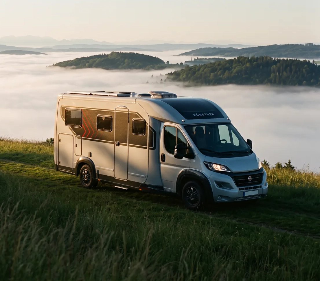 Bürstner Signature Fiat auf einem gemähten Höhenweg über einem Nebelmeer, die erste Sonne fällt von rechts auf den Aufbau