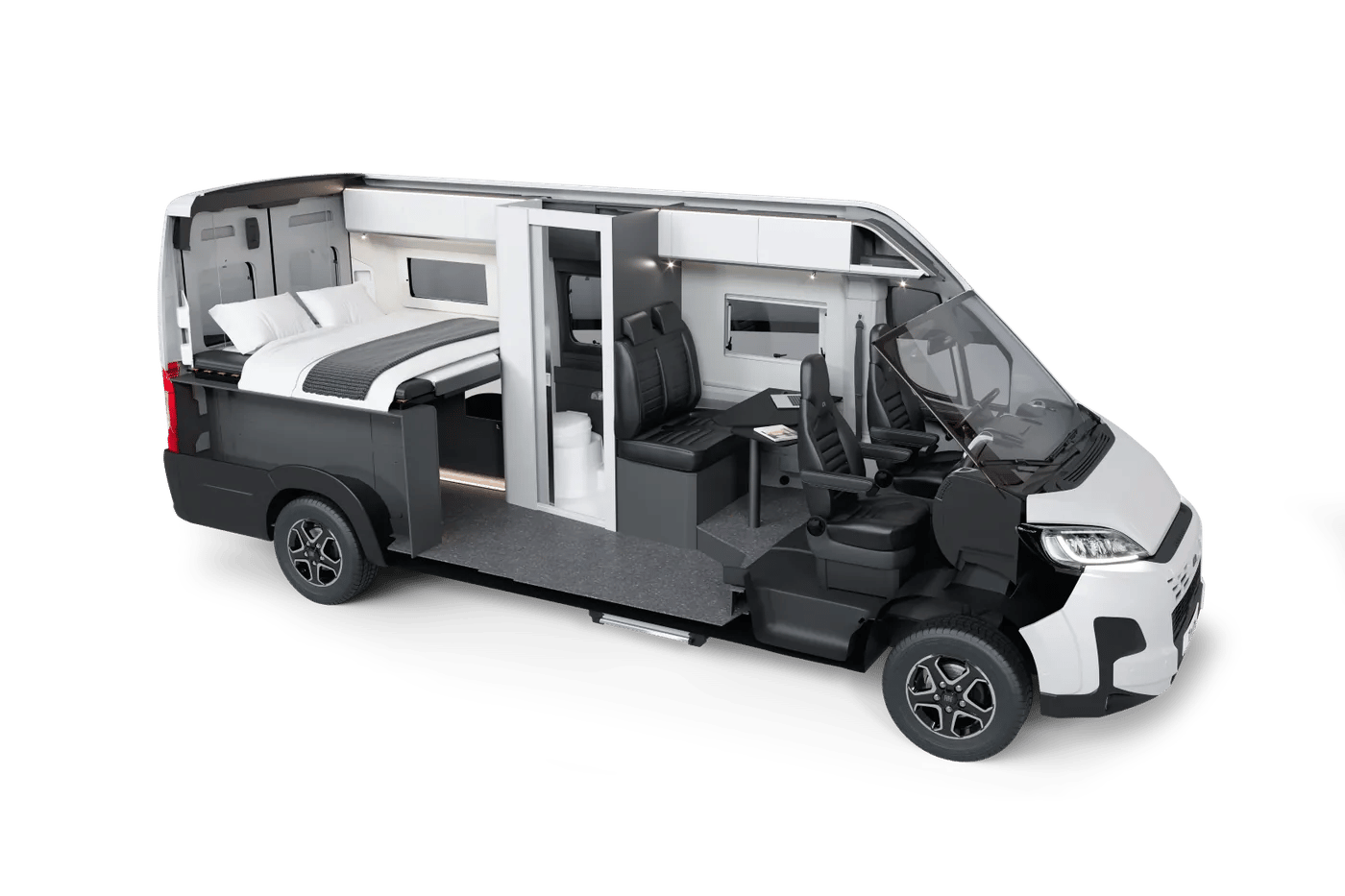 Adria Twin 2027 - Konstruktionsgrafik des Aufbaus mit Blick auf Möbel, Bett und Technik im Innenraum