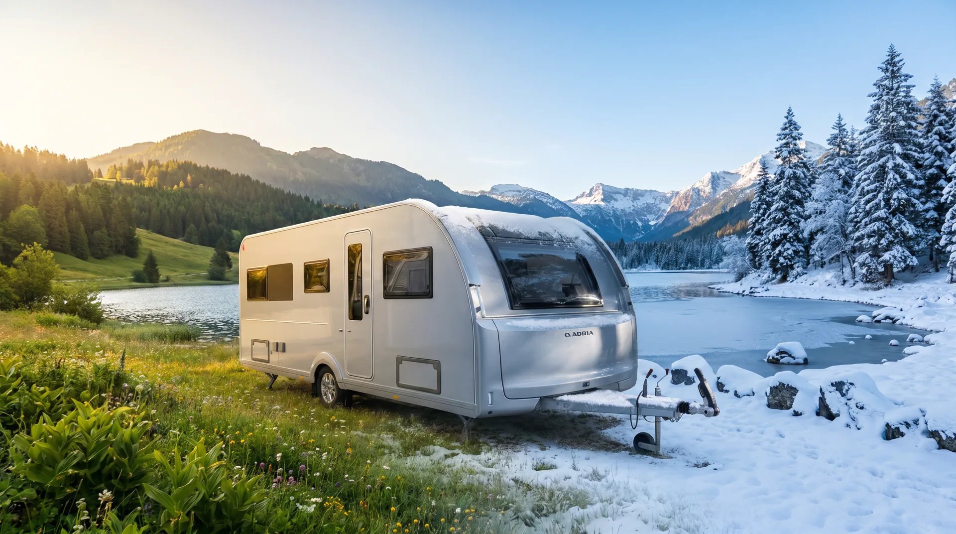 Adria Alpina 2027 in einer geteilten Szene: links Sommer, rechts Winter, der Wohnwagen mittig