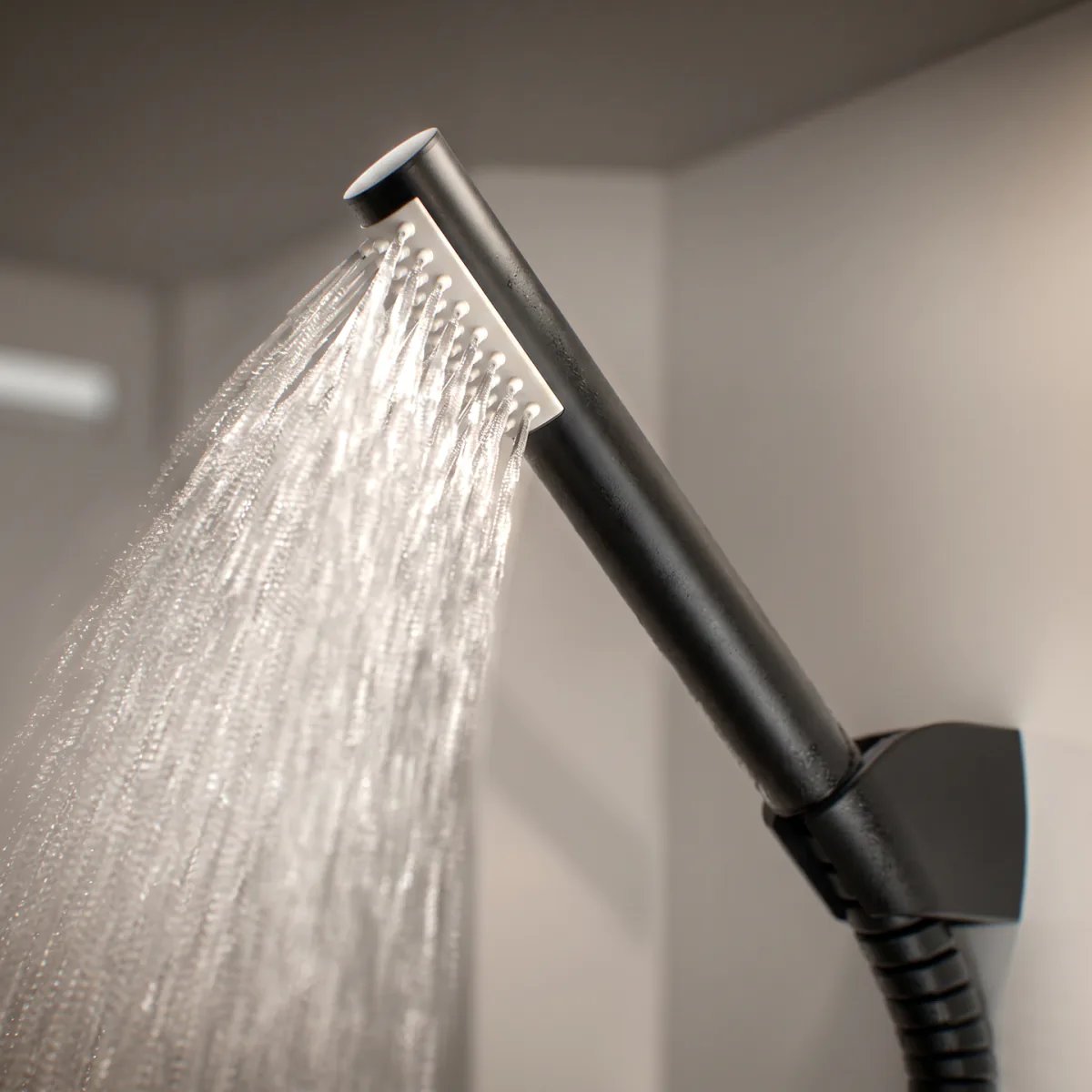 Schwarze Handbrause mit laufendem Wasser in der Dusche des Bürstner Signature Fiat