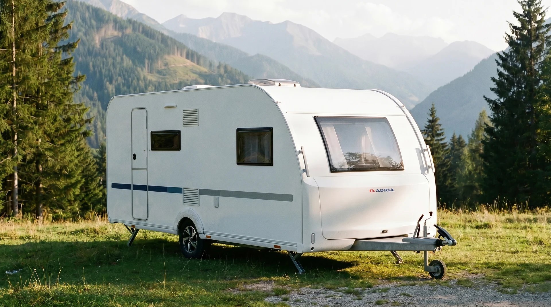 Adria Altea 542 PK auf einer Bergwiese vor Alpenpanorama, Frontansicht mit aerodynamischem Bug und ADRIA Schriftzug