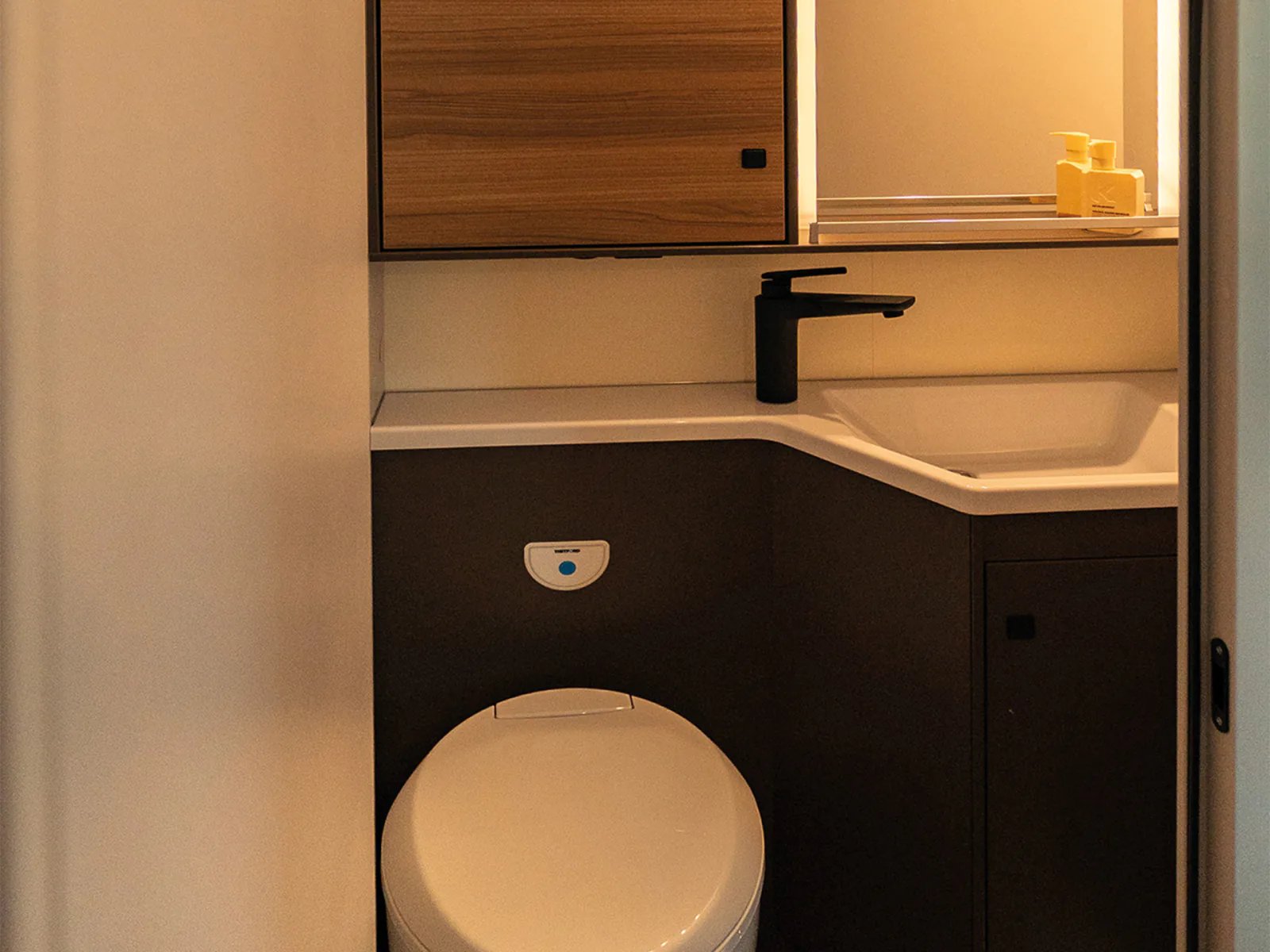 Eigener Toilettenraum im Bürstner B66 Wohnmobil mit Kassettentoilette, Waschbecken und Spiegelschrank in Holzdekor