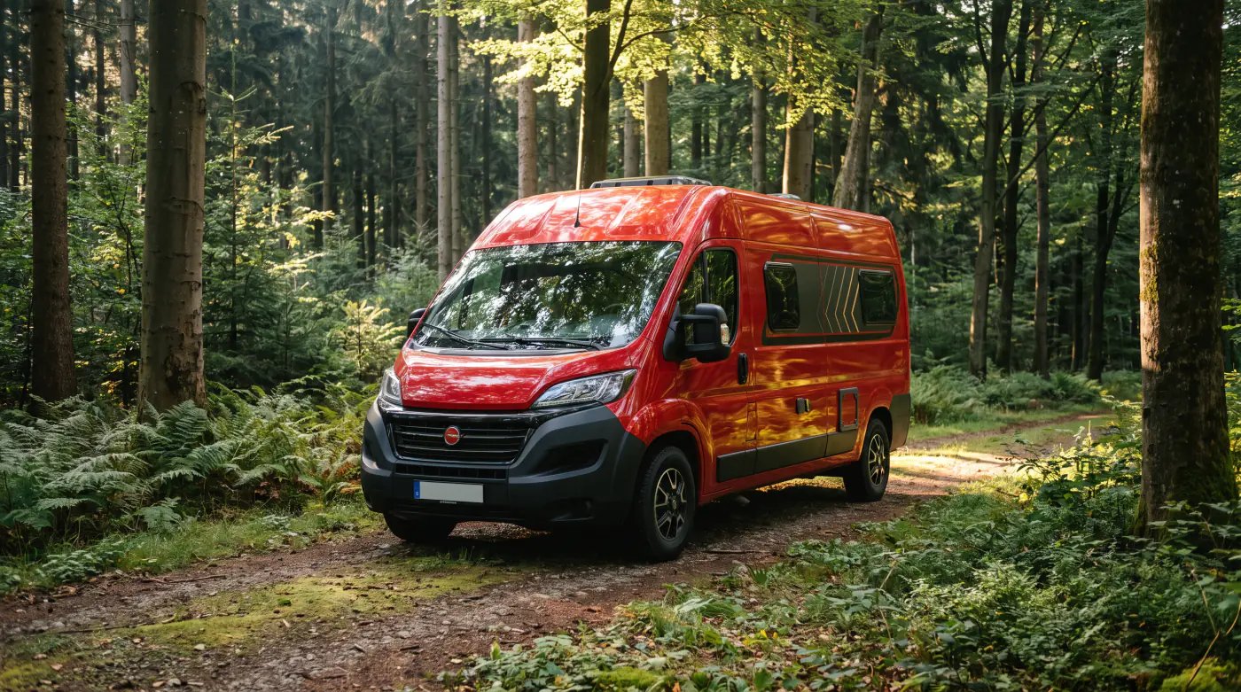 Bürstner Papillon - roter Camper Van auf einem Waldweg zwischen hohen Stämmen, Sonnenflecken auf Dach und Weg