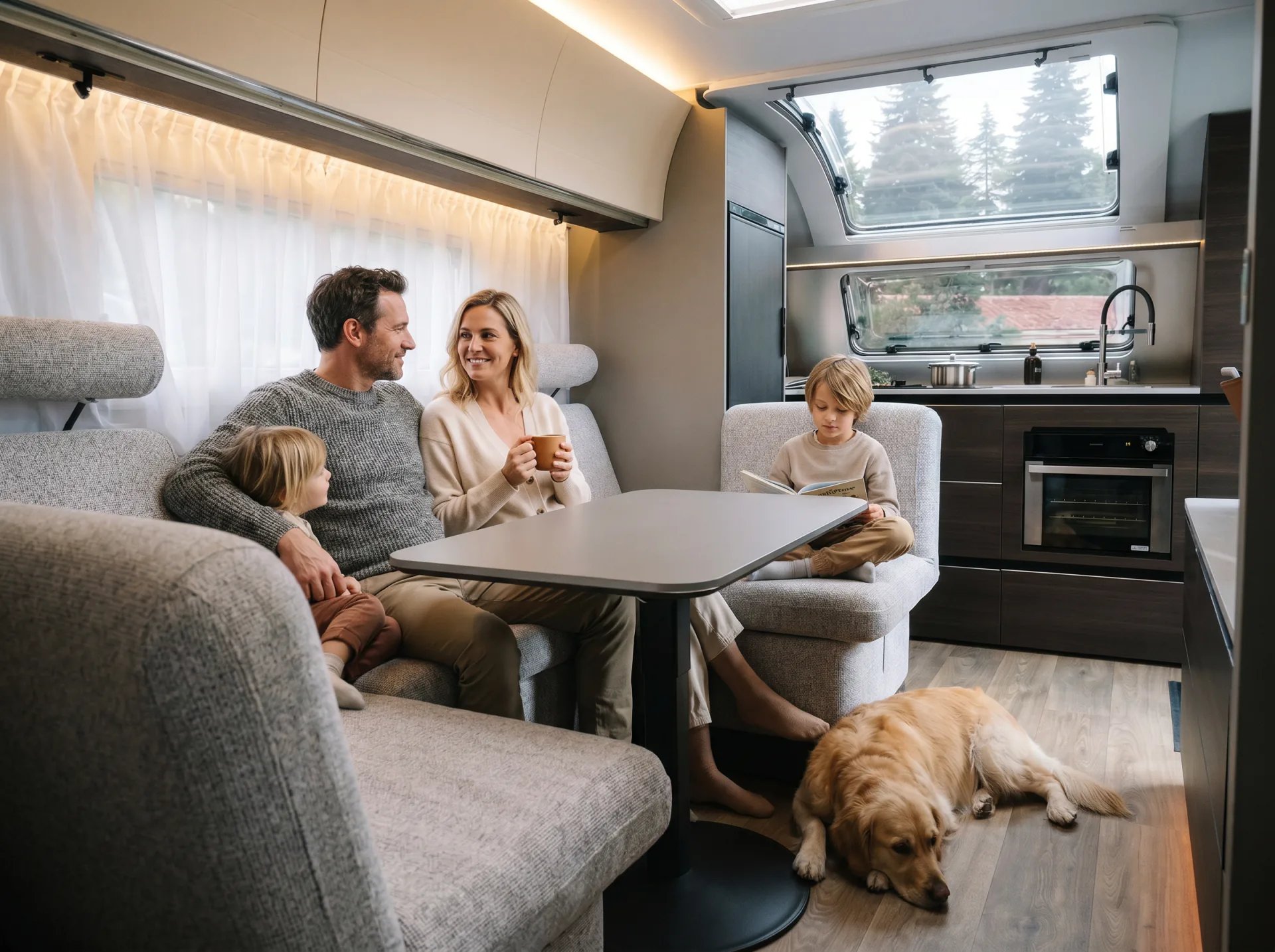 Familie entspannt gemeinsam im Innenraum des Adria Alpina 2027