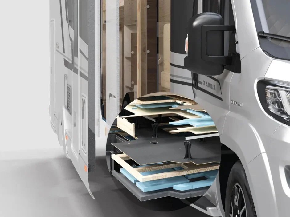 Aufgeschnittene Adria Comprex-Karosserie am Reisemobil: Schichtaufbau von Wand und Boden im vergrößerten Ausschnitt