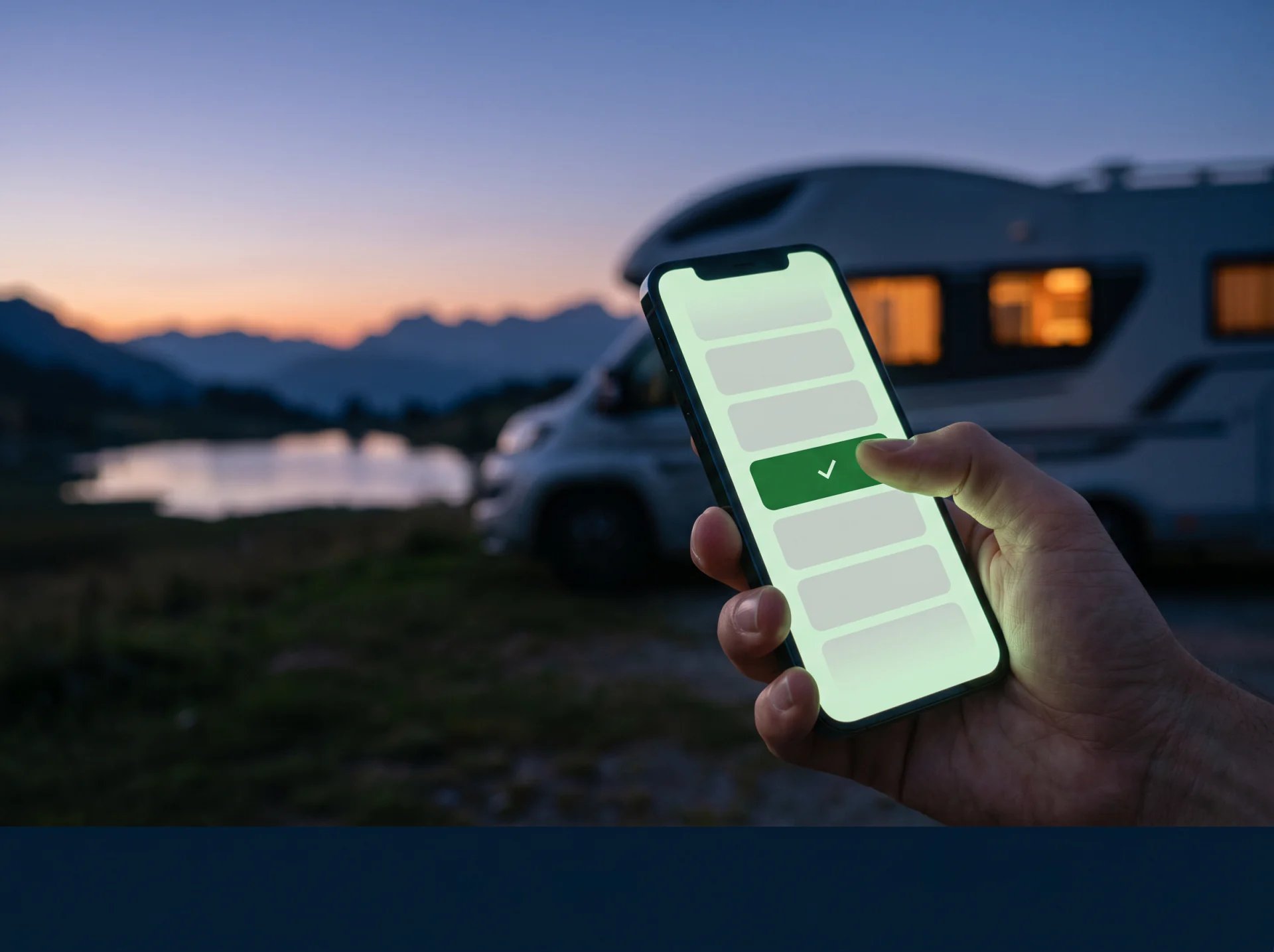 Hand mit Smartphone zeigt die Online-Terminbuchung, dahinter ein Reisemobil am Bergsee zur blauen Stunde