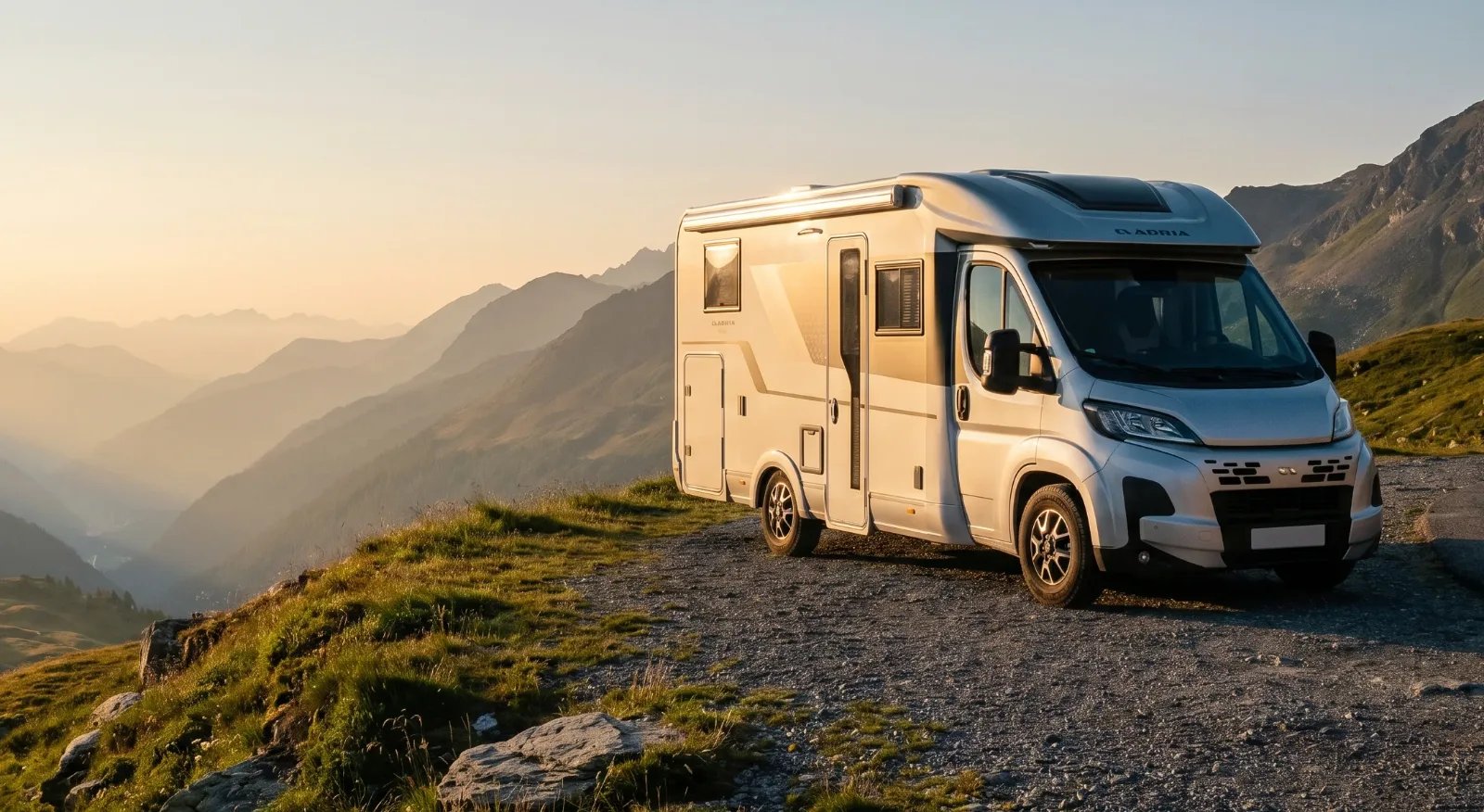 Der neue silberne Adria Compact, teilintegriertes Reisemobil, an einem Aussichtspunkt hoch in den Bergen im warmen Abendlicht