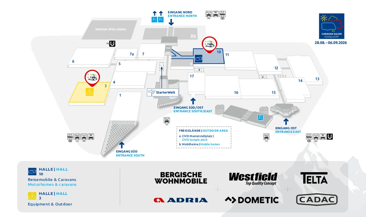 Geländeplan Messe Düsseldorf: Bergische Wohnmobile in Halle 3 (Equipment) und Halle 10 (Reisemobile)