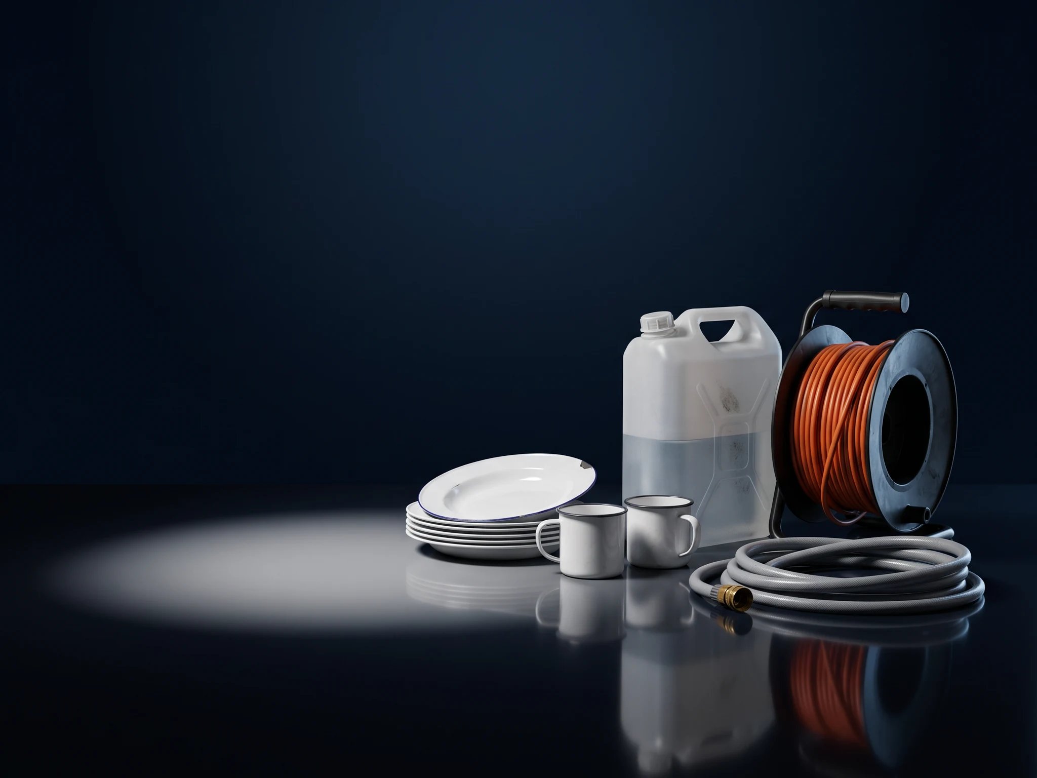 Emailleteller, Becher, Wasserkanister, Kabeltrommel und Wasserschlauch als Stillleben