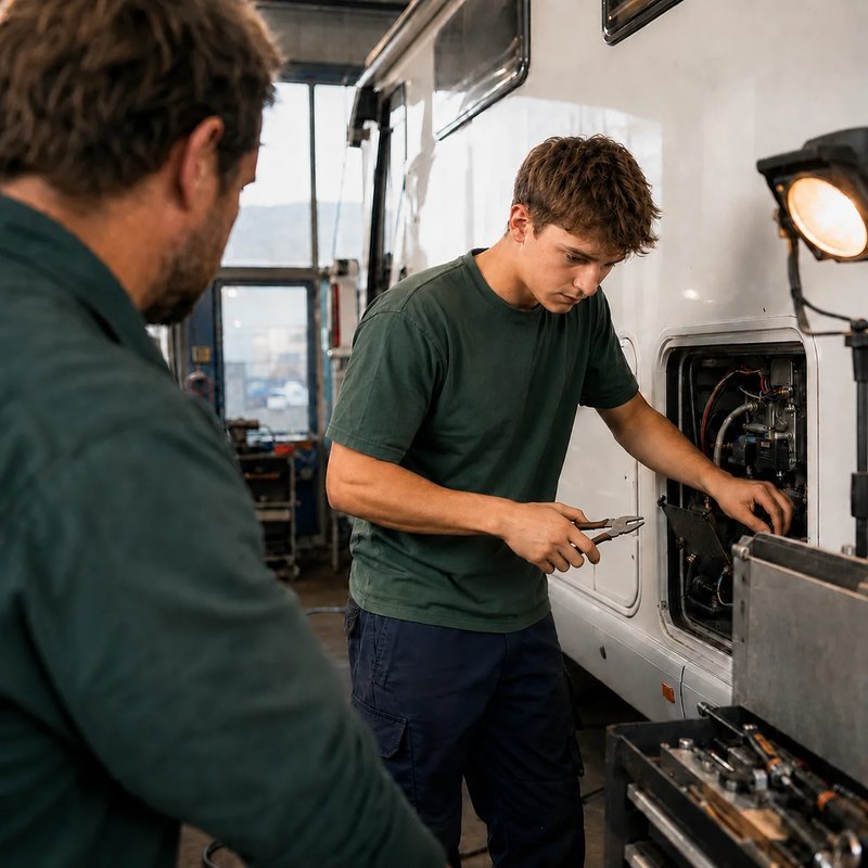 Auszubildender zum KFZ-Mechatroniker bei der Arbeit an einem Freizeitfahrzeug in der Werkstatt von Bergische Wohnmobile