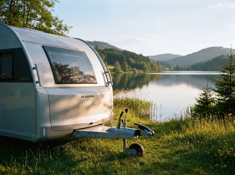 Adria Altea Wohnwagen an einer Talsperre