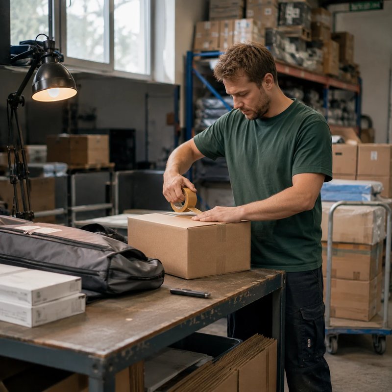 Auszubildender im Lager von Bergische Wohnmobile beim Kommissionieren und Verpacken von Campingzubehör