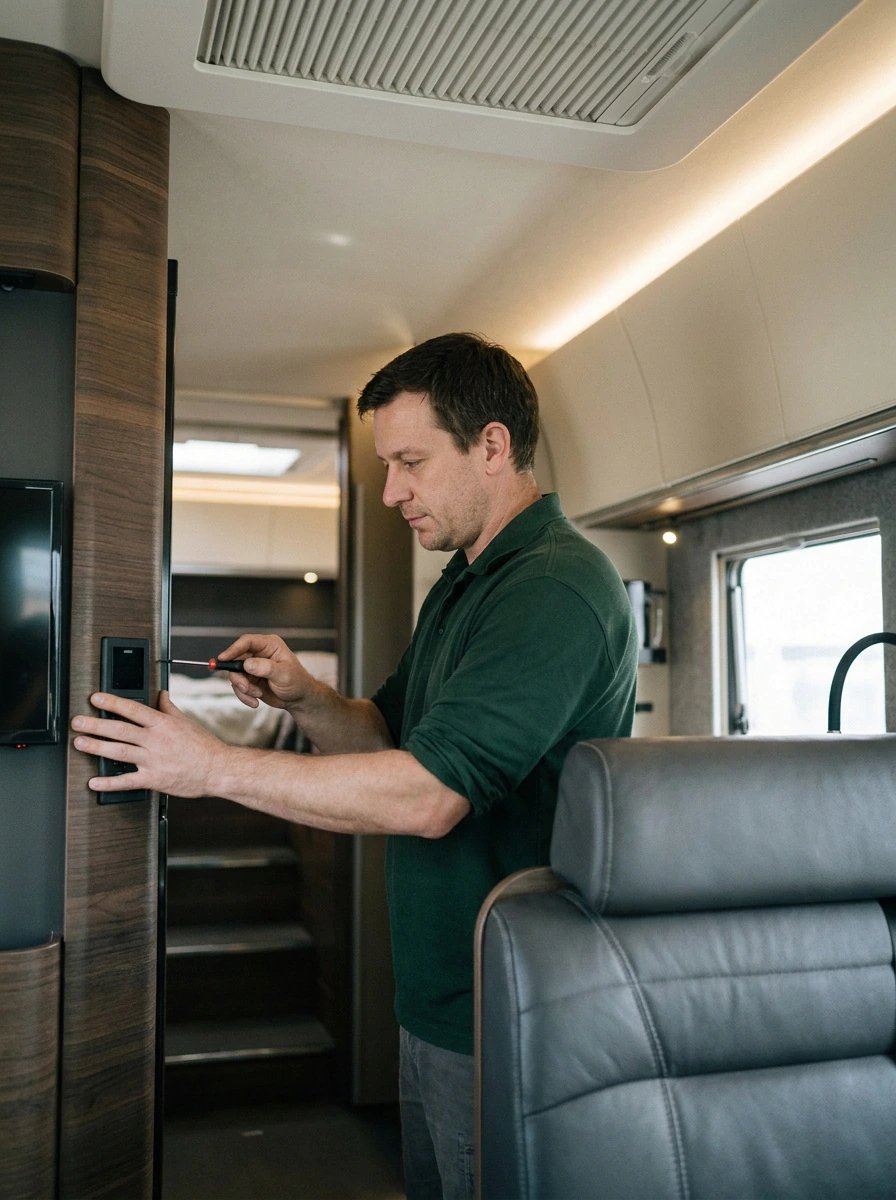 Caravantechniker montiert das Bedienpanel im Innenraum eines Reisemobils